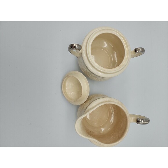 ADAM ANTIQUE by STEUBENVILLE Sugar Bowl w Lid & Creamer Cream with Silver TrIm - Picture 6 of 12